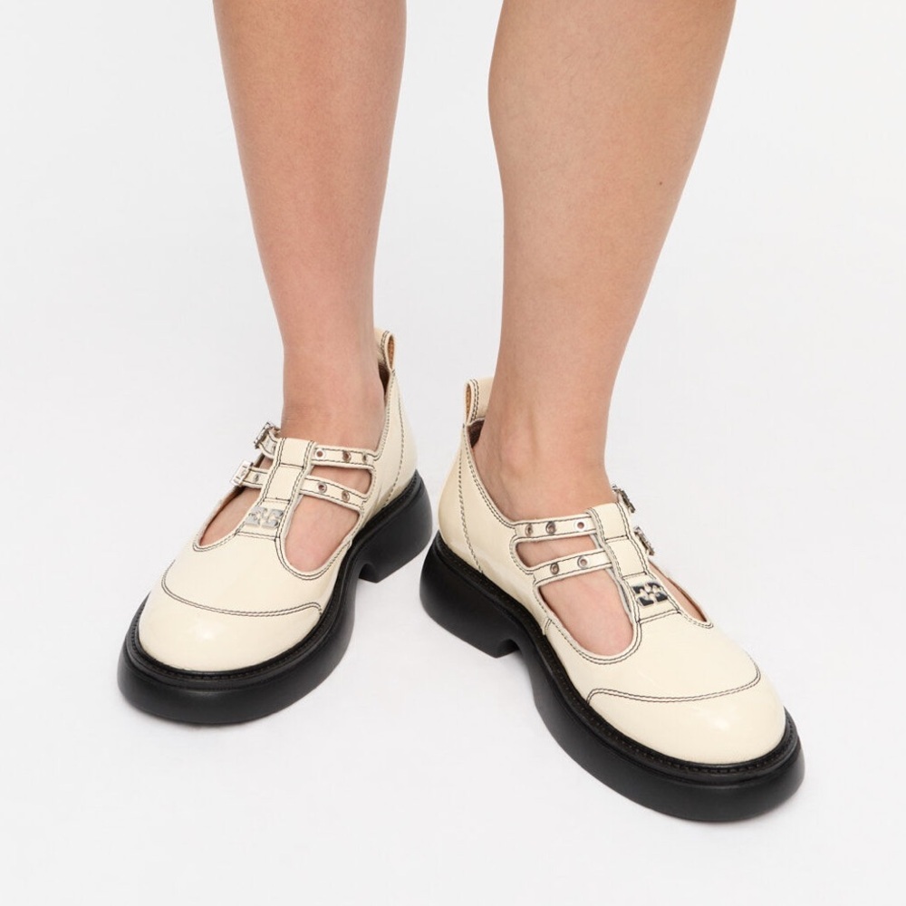 NEW Ganni Everyday Butterfly White Ivory Patent Leather Mary Jane Flats - Picture 2 of 13
